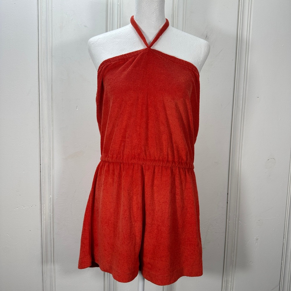 Vintage 70s Out n About Terry Cloth Romper Red Halter Backless Shorts Large